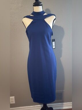 Bebe Size 10 Blue Choker Halter neckline with Shoulder Cutout Midi Dress NWT